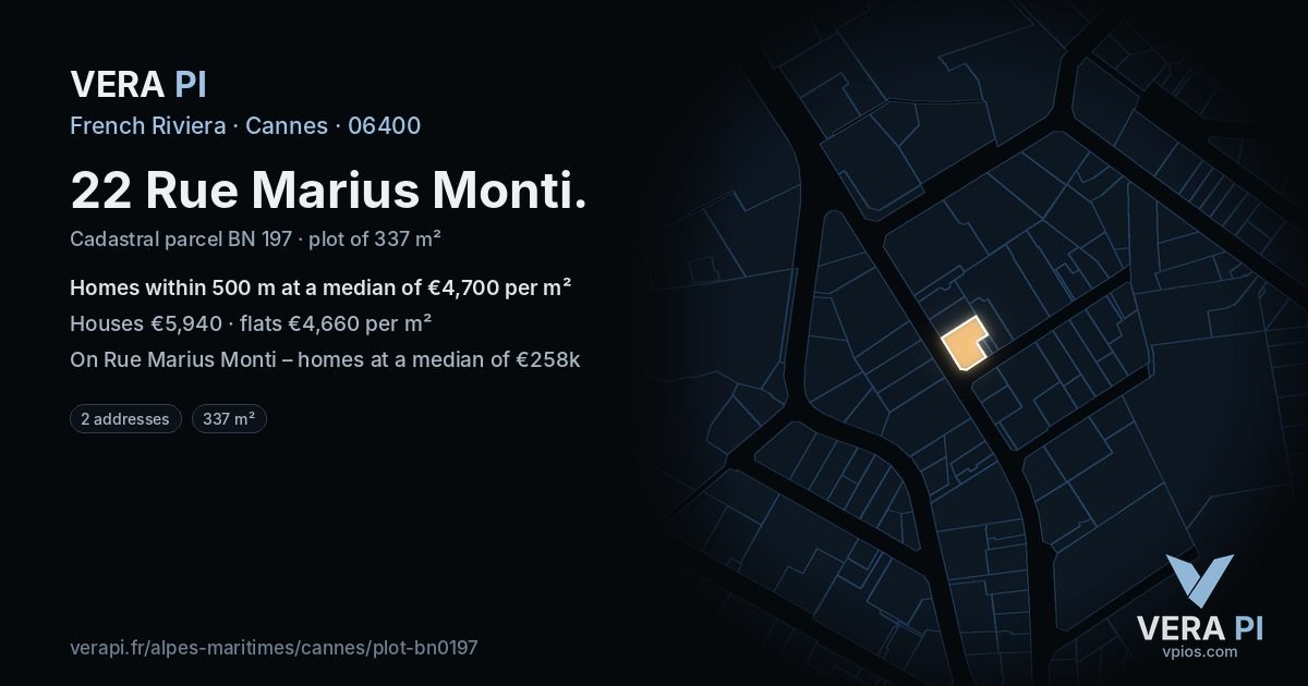 22 Rue Marius Monti, Cannes at night – the plot lit, the parcels around coloured by the prices near them