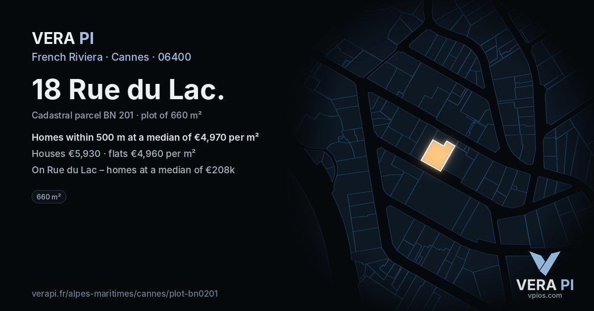 18 Rue du Lac, Cannes at night – the plot lit, the parcels around coloured by the prices near them
