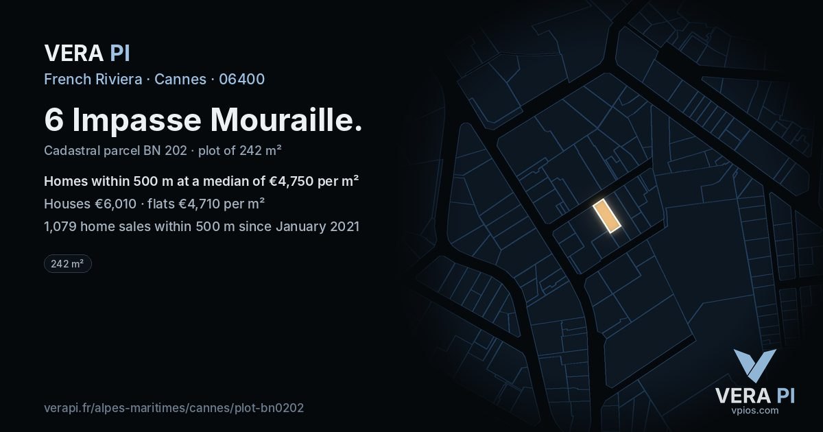 6 Impasse Mouraille, Cannes at night – the plot lit, the parcels around coloured by the prices near them