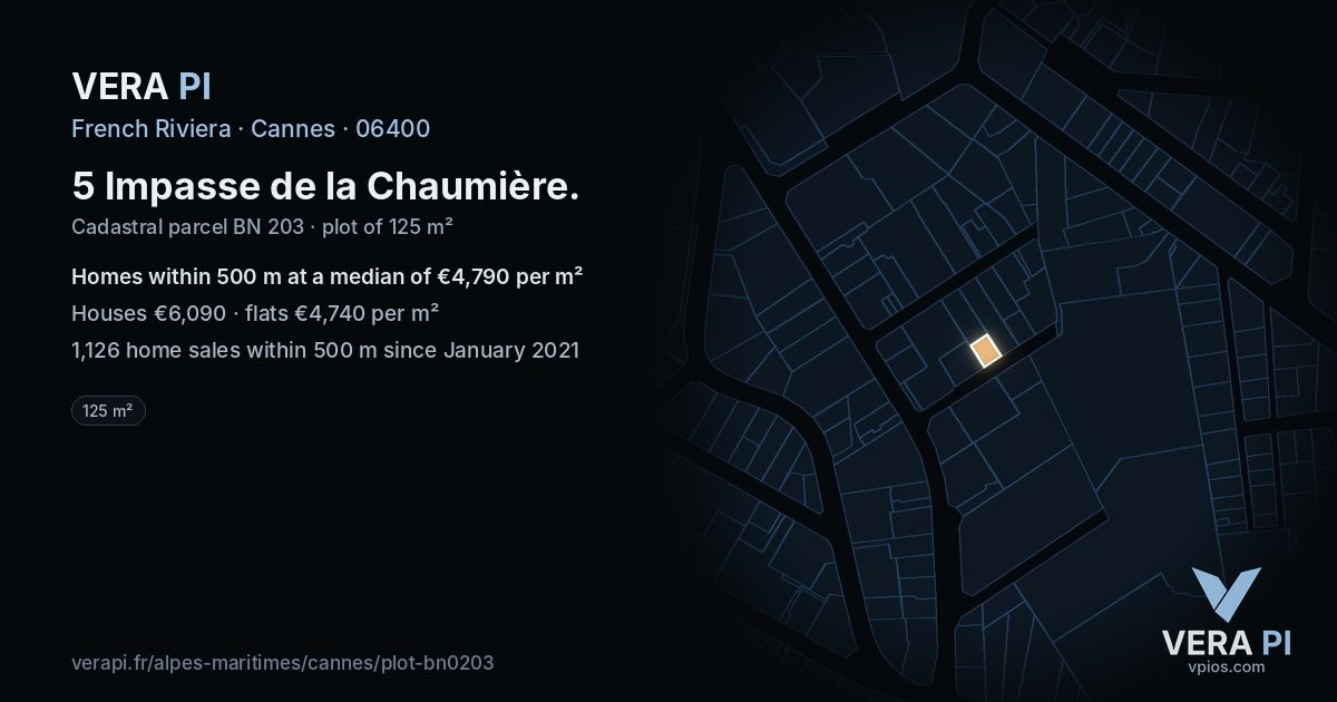 5 Impasse de la Chaumière, Cannes at night – the plot lit, the parcels around coloured by the prices near them
