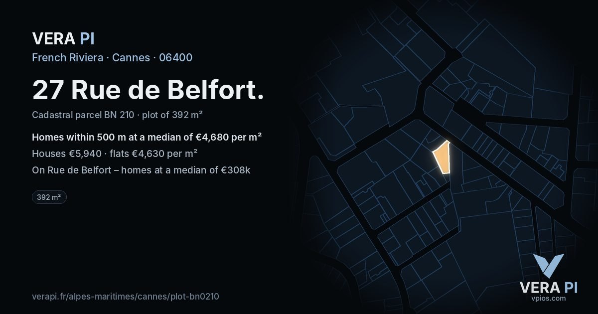 27 Rue de Belfort, Cannes at night – the plot lit, the parcels around coloured by the prices near them