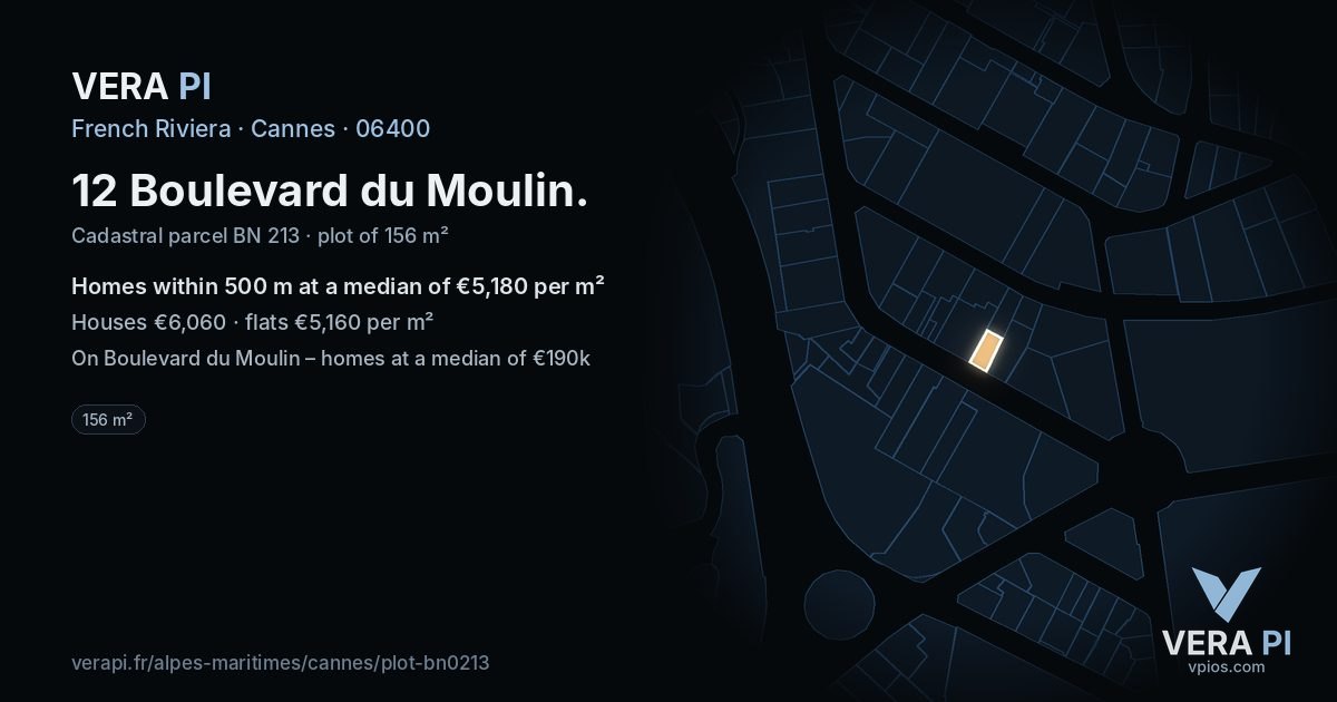 12 Boulevard du Moulin, Cannes at night – the plot lit, the parcels around coloured by the prices near them