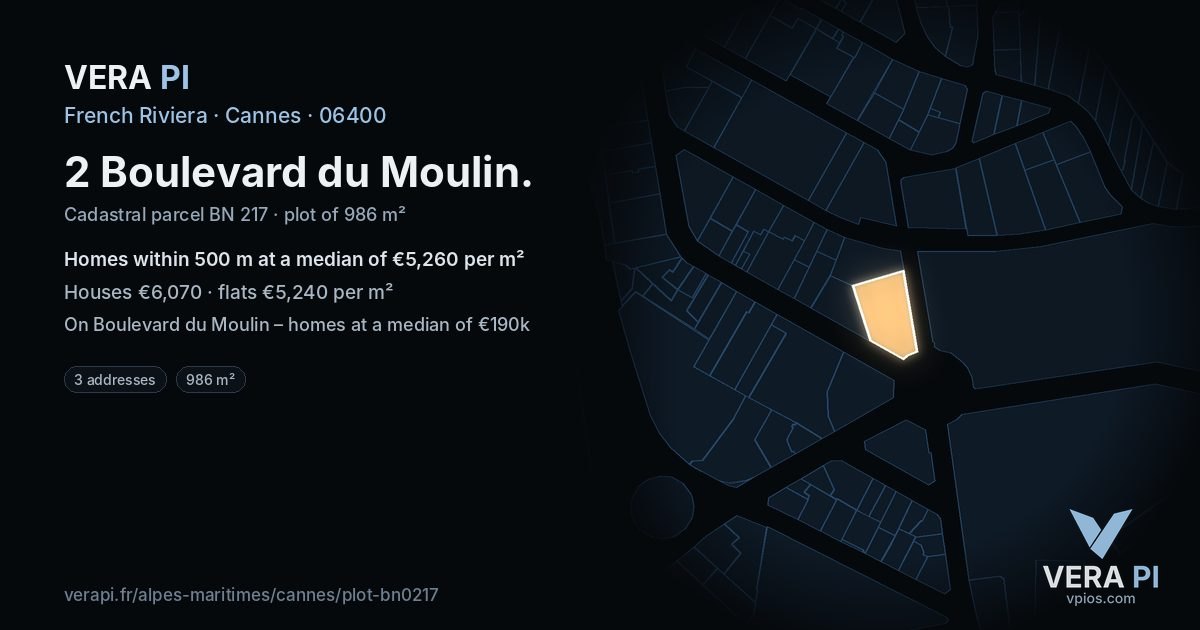 2 Boulevard du Moulin, Cannes at night – the plot lit, the parcels around coloured by the prices near them