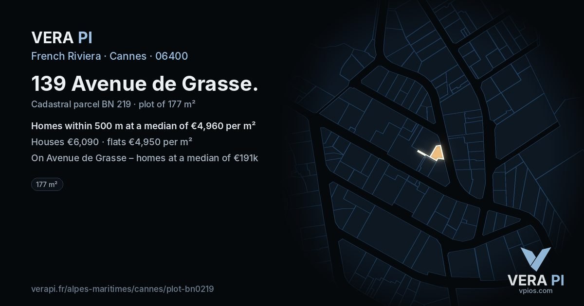 139 Avenue de Grasse, Cannes at night – the plot lit, the parcels around coloured by the prices near them