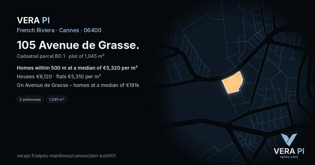 105 Avenue de Grasse, Cannes at night – the plot lit, the parcels around coloured by the prices near them
