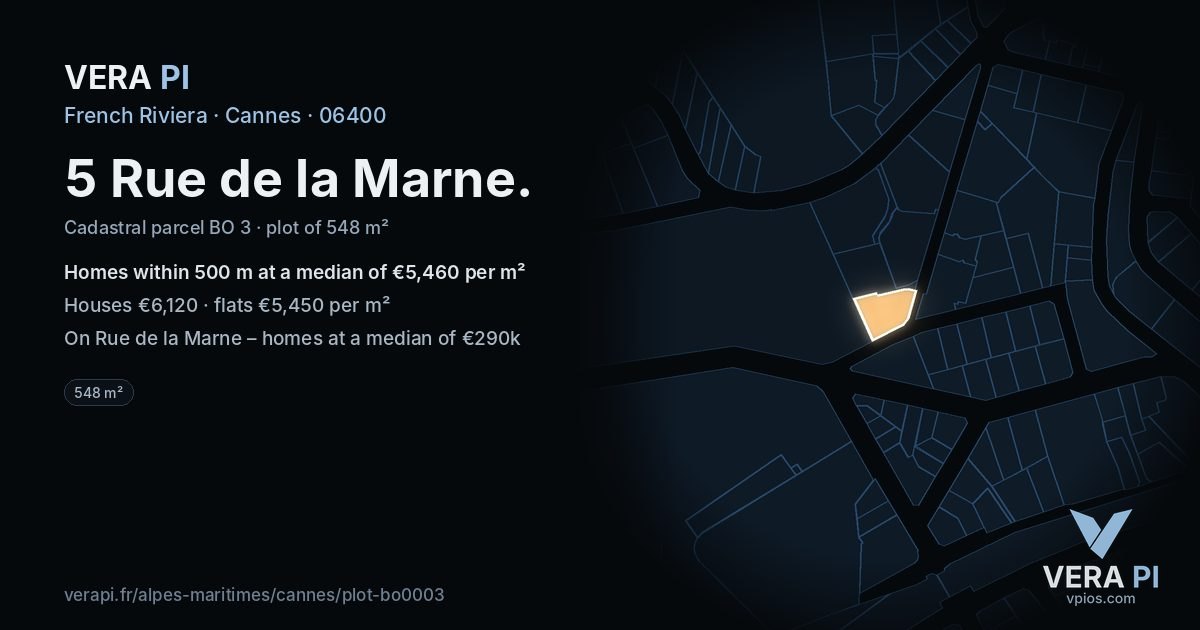5 Rue de la Marne, Cannes at night – the plot lit, the parcels around coloured by the prices near them