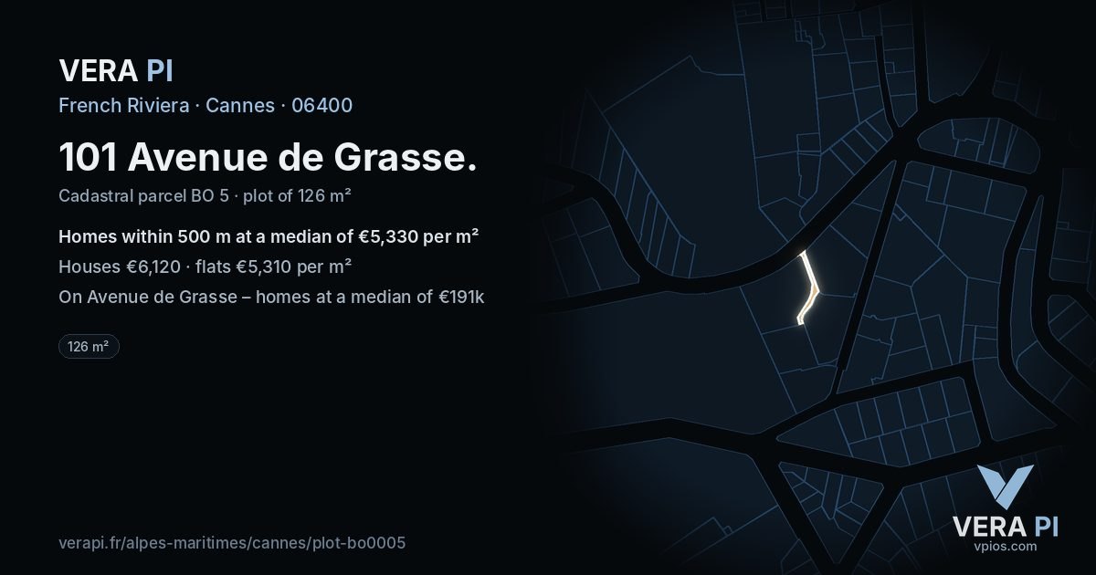 101 Avenue de Grasse, Cannes at night – the plot lit, the parcels around coloured by the prices near them