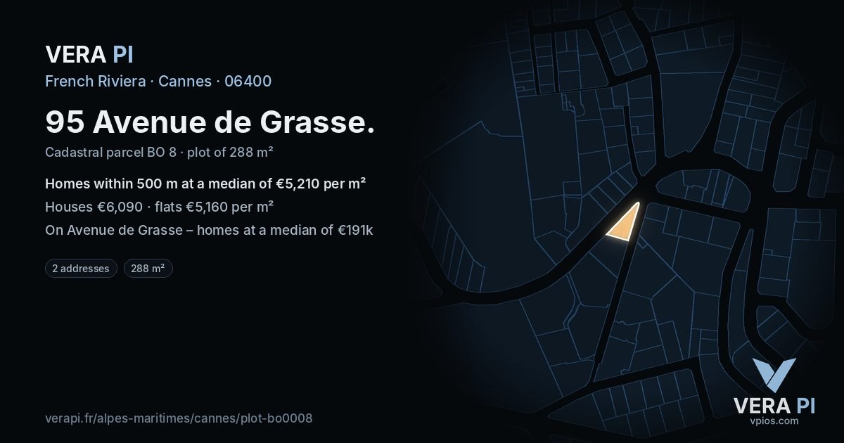 95 Avenue de Grasse, Cannes at night – the plot lit, the parcels around coloured by the prices near them
