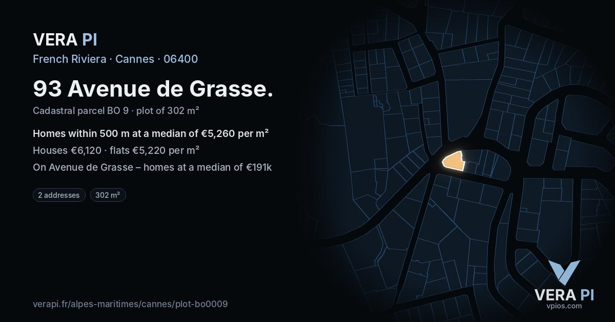 93 Avenue de Grasse, Cannes at night – the plot lit, the parcels around coloured by the prices near them