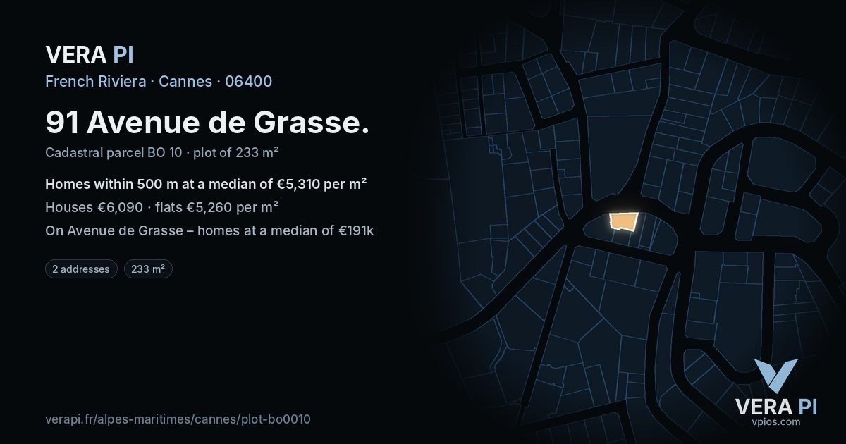 91 Avenue de Grasse, Cannes at night – the plot lit, the parcels around coloured by the prices near them