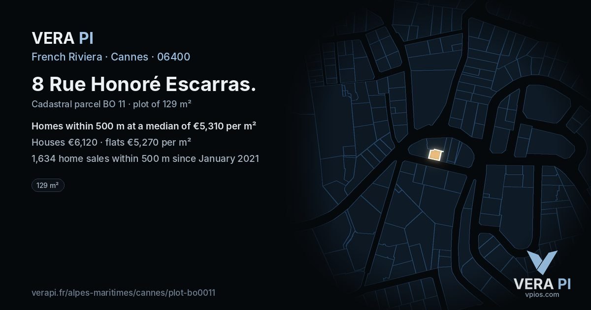 8 Rue Honoré Escarras, Cannes at night – the plot lit, the parcels around coloured by the prices near them