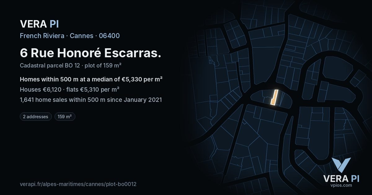 6 Rue Honoré Escarras, Cannes at night – the plot lit, the parcels around coloured by the prices near them