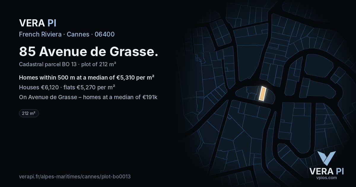 85 Avenue de Grasse, Cannes at night – the plot lit, the parcels around coloured by the prices near them