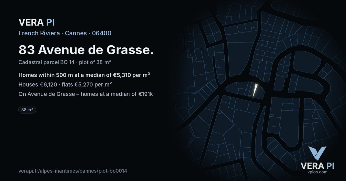 83 Avenue de Grasse, Cannes at night – the plot lit, the parcels around coloured by the prices near them