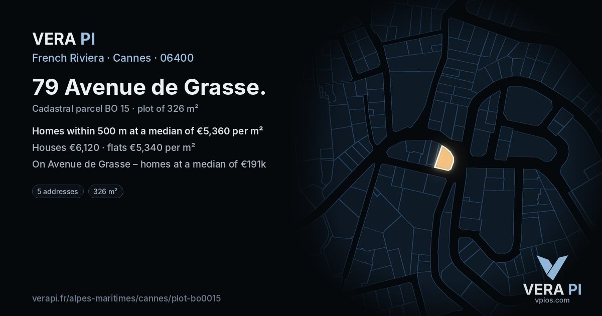 79 Avenue de Grasse, Cannes at night – the plot lit, the parcels around coloured by the prices near them