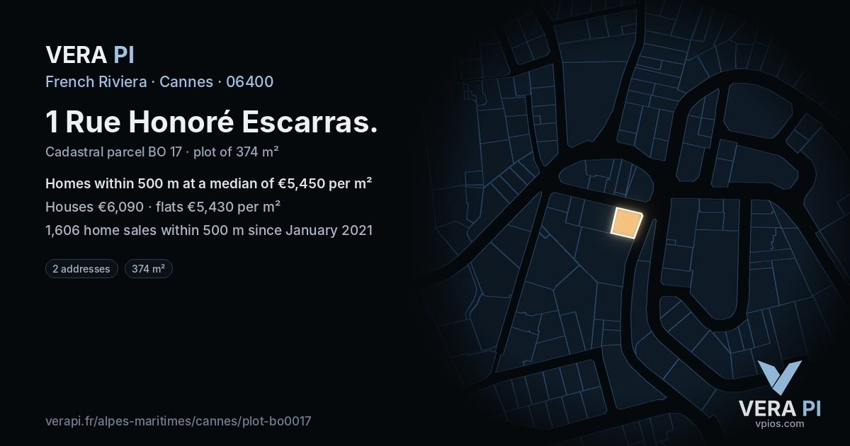 1 Rue Honoré Escarras, Cannes at night – the plot lit, the parcels around coloured by the prices near them