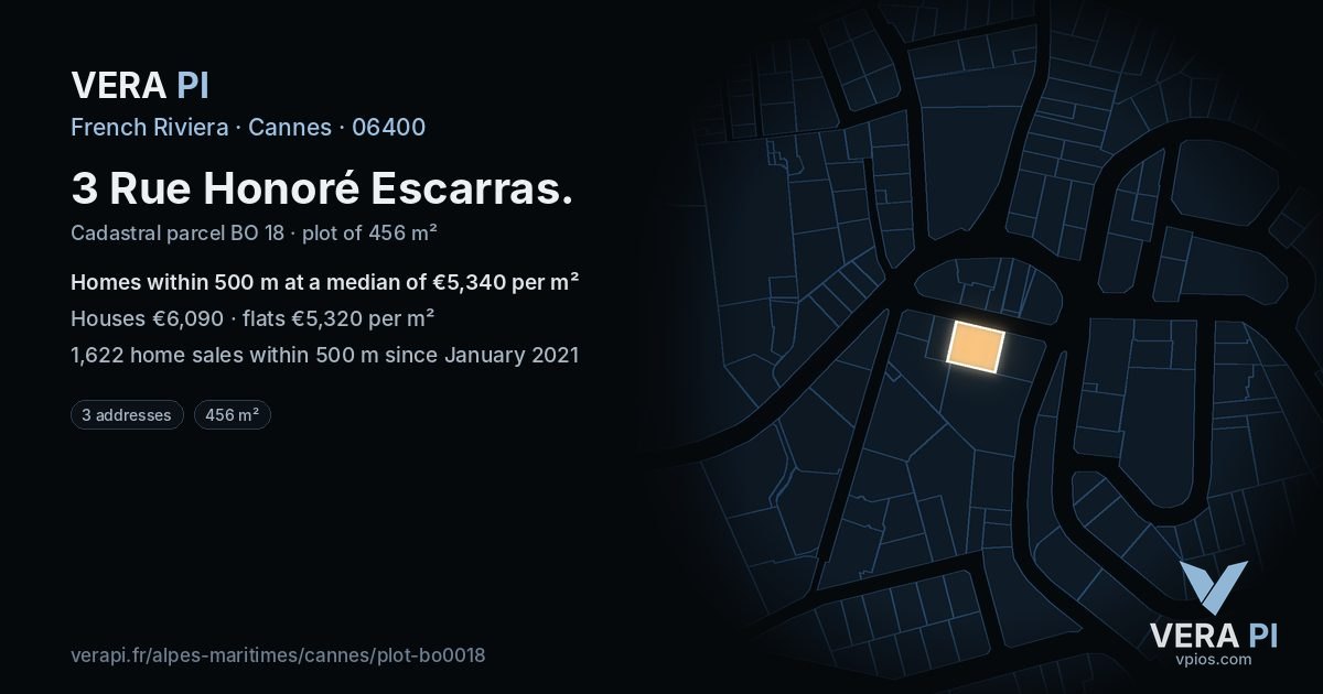 3 Rue Honoré Escarras, Cannes at night – the plot lit, the parcels around coloured by the prices near them