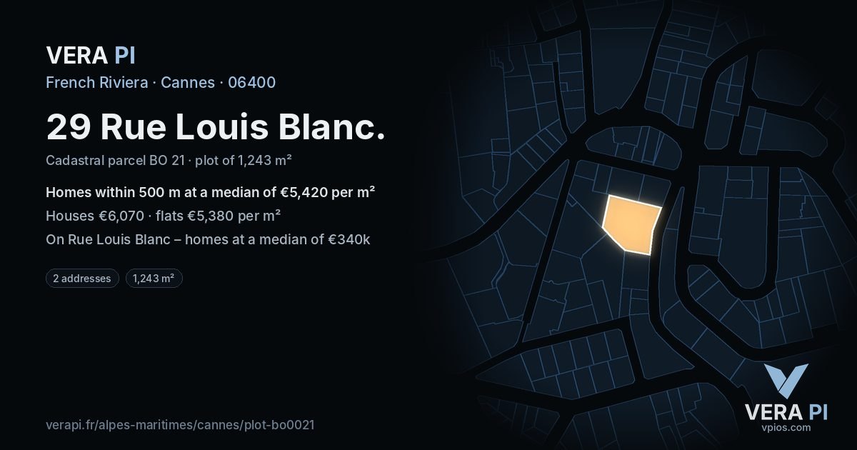 29 Rue Louis Blanc, Cannes at night – the plot lit, the parcels around coloured by the prices near them