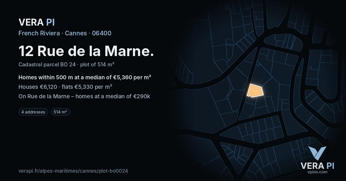12 Rue de la Marne, Cannes at night – the plot lit, the parcels around coloured by the prices near them