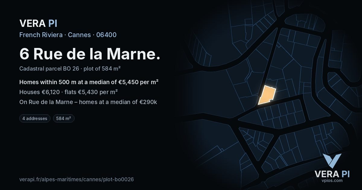 6 Rue de la Marne, Cannes at night – the plot lit, the parcels around coloured by the prices near them