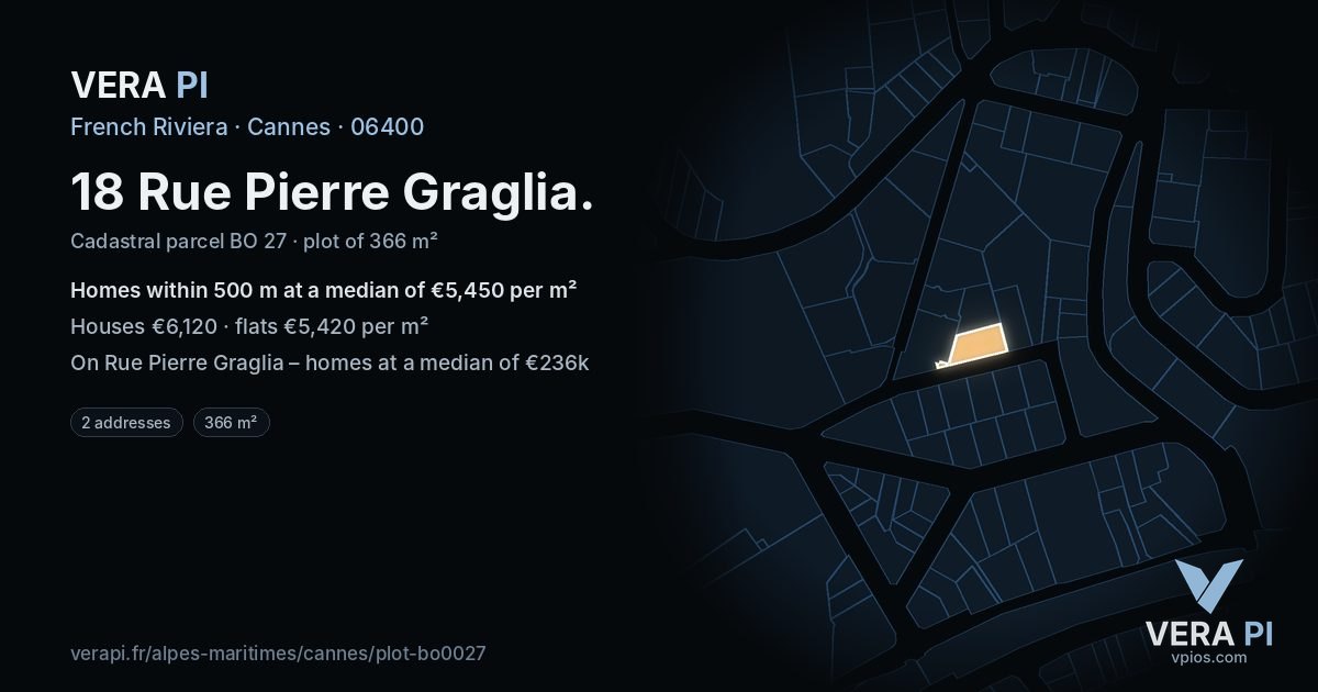 18 Rue Pierre Graglia, Cannes at night – the plot lit, the parcels around coloured by the prices near them