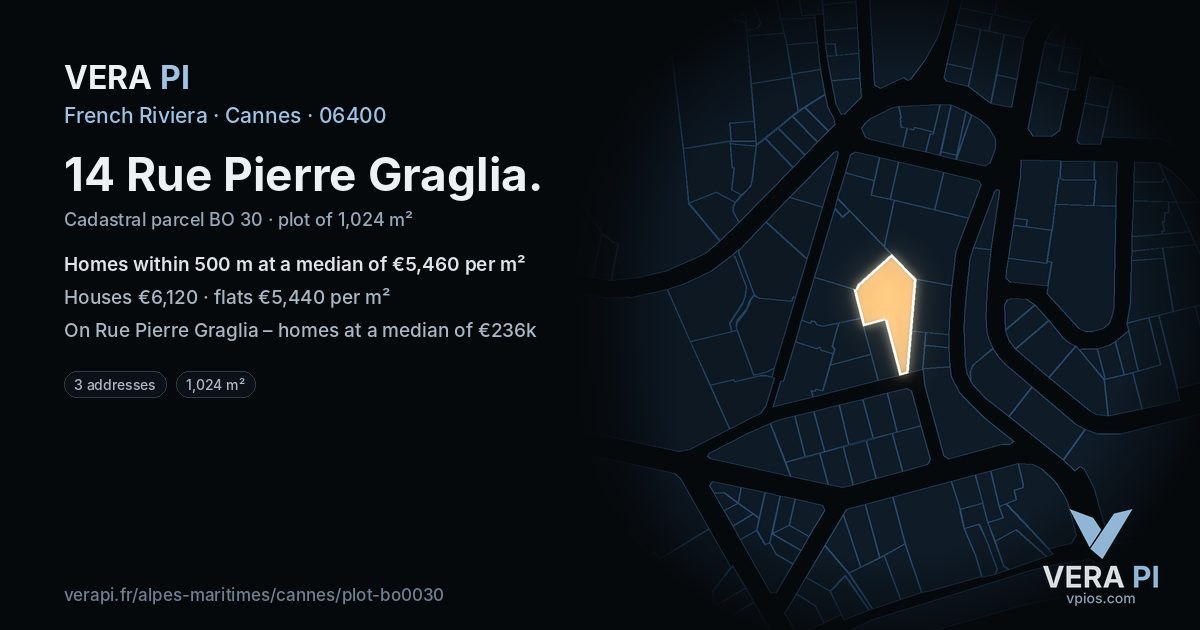 14 Rue Pierre Graglia, Cannes at night – the plot lit, the parcels around coloured by the prices near them