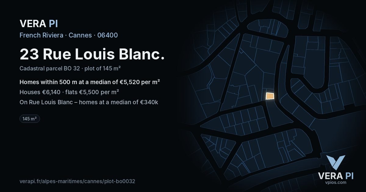 23 Rue Louis Blanc, Cannes at night – the plot lit, the parcels around coloured by the prices near them