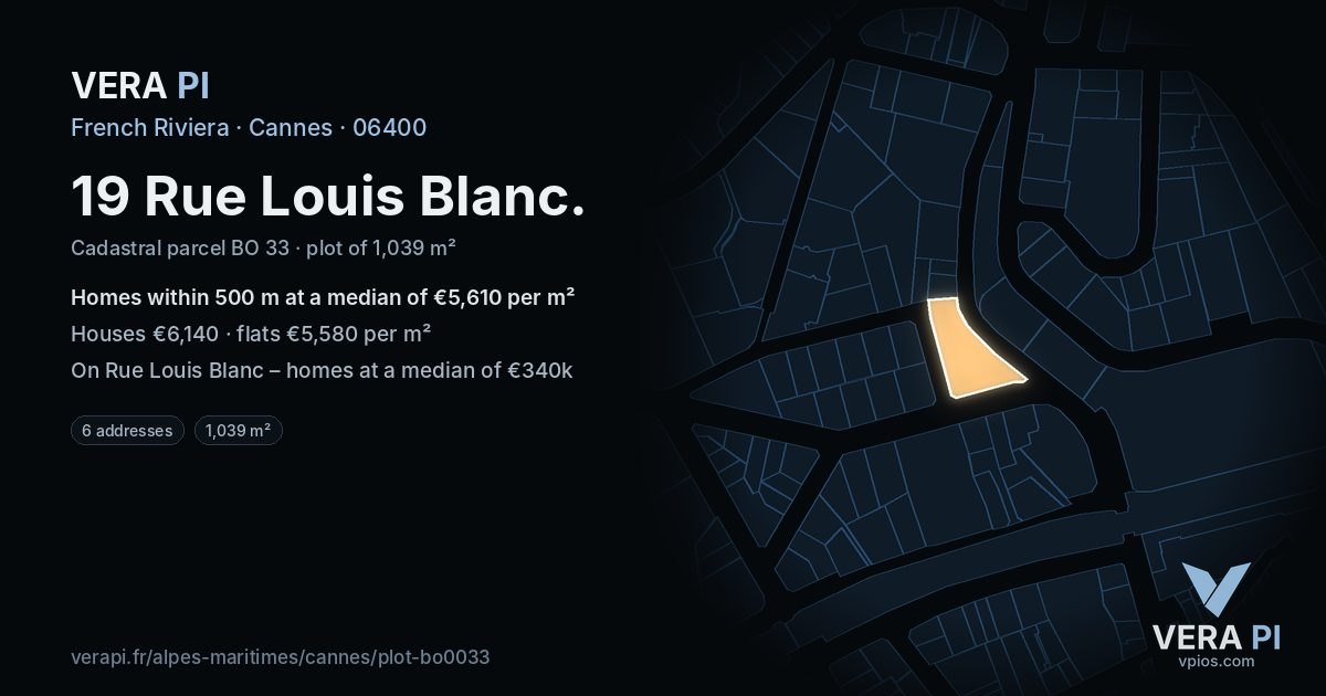 19 Rue Louis Blanc, Cannes at night – the plot lit, the parcels around coloured by the prices near them