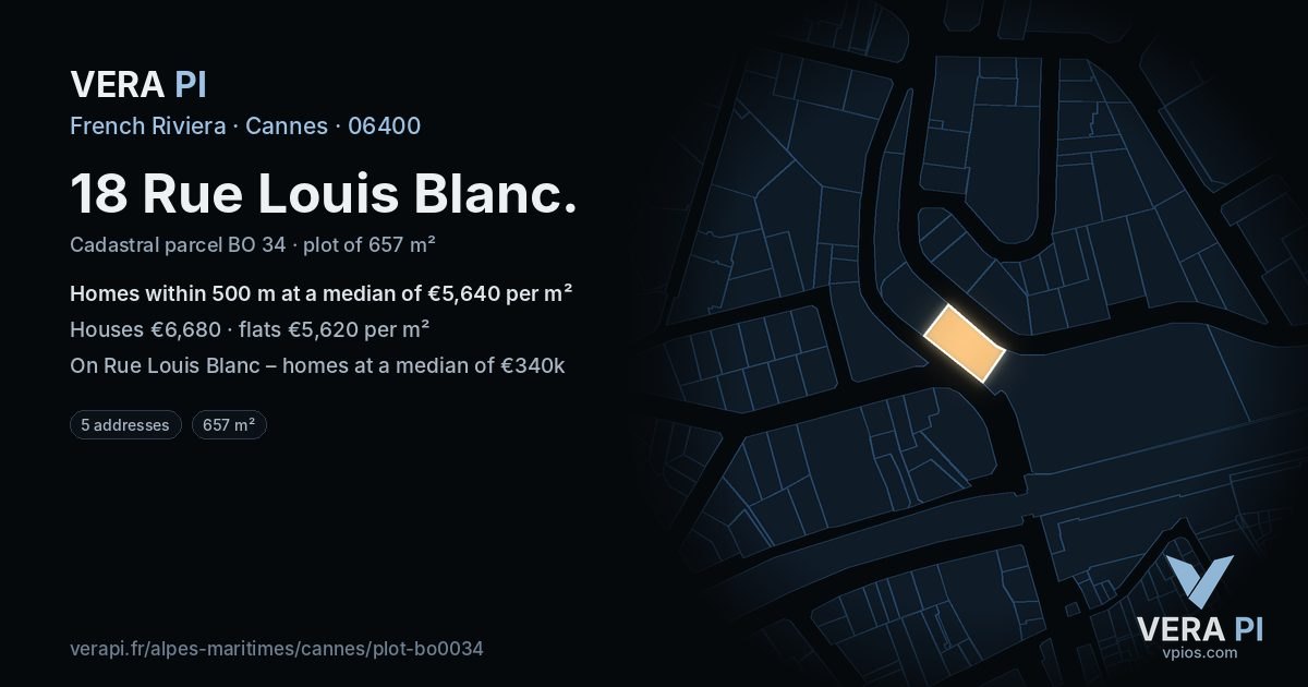 18 Rue Louis Blanc, Cannes at night – the plot lit, the parcels around coloured by the prices near them