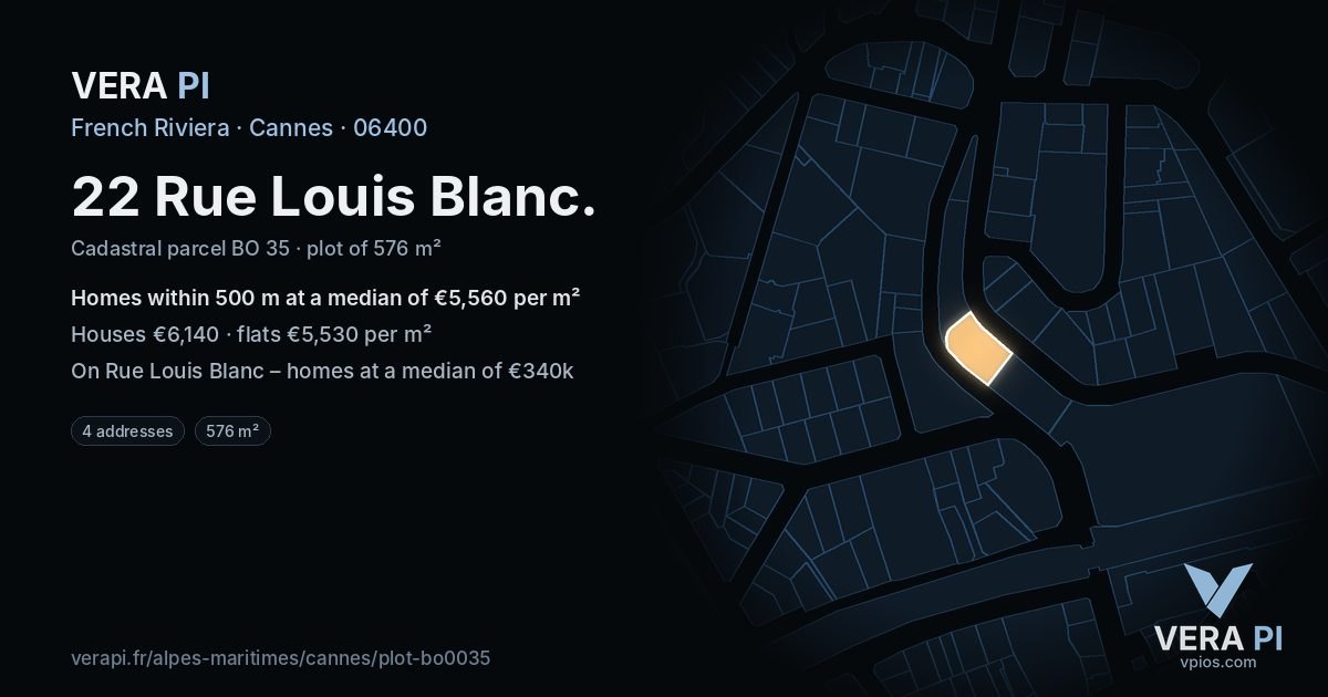 22 Rue Louis Blanc, Cannes at night – the plot lit, the parcels around coloured by the prices near them