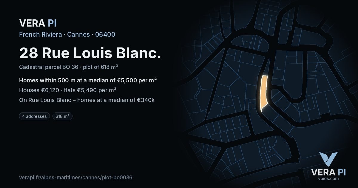 28 Rue Louis Blanc, Cannes at night – the plot lit, the parcels around coloured by the prices near them