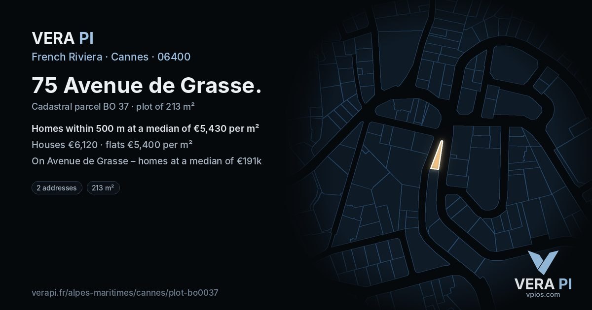 75 Avenue de Grasse, Cannes at night – the plot lit, the parcels around coloured by the prices near them
