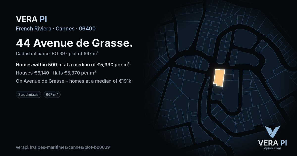 44 Avenue de Grasse, Cannes at night – the plot lit, the parcels around coloured by the prices near them