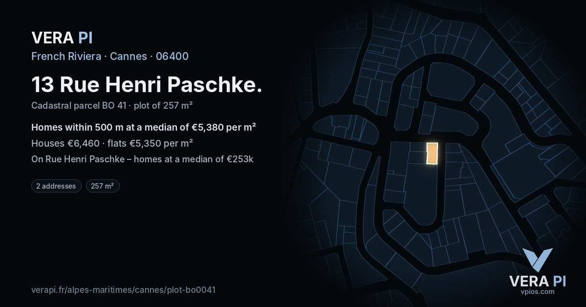 13 Rue Henri Paschke, Cannes at night – the plot lit, the parcels around coloured by the prices near them