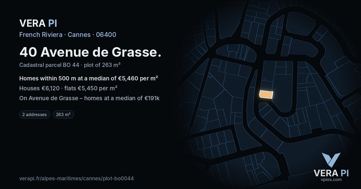 40 Avenue de Grasse, Cannes at night – the plot lit, the parcels around coloured by the prices near them