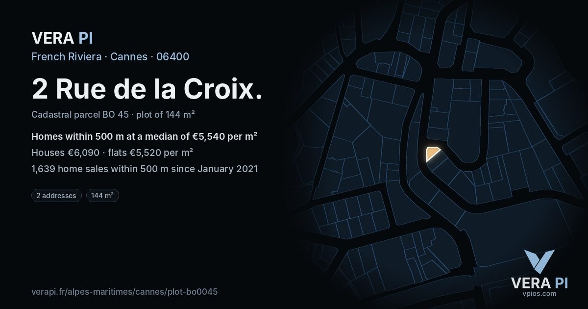 2 Rue de la Croix, Cannes at night – the plot lit, the parcels around coloured by the prices near them