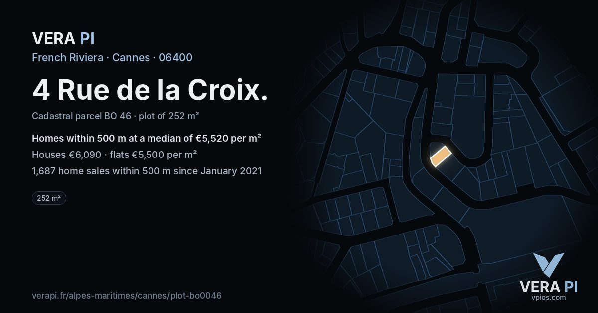 4 Rue de la Croix, Cannes at night – the plot lit, the parcels around coloured by the prices near them