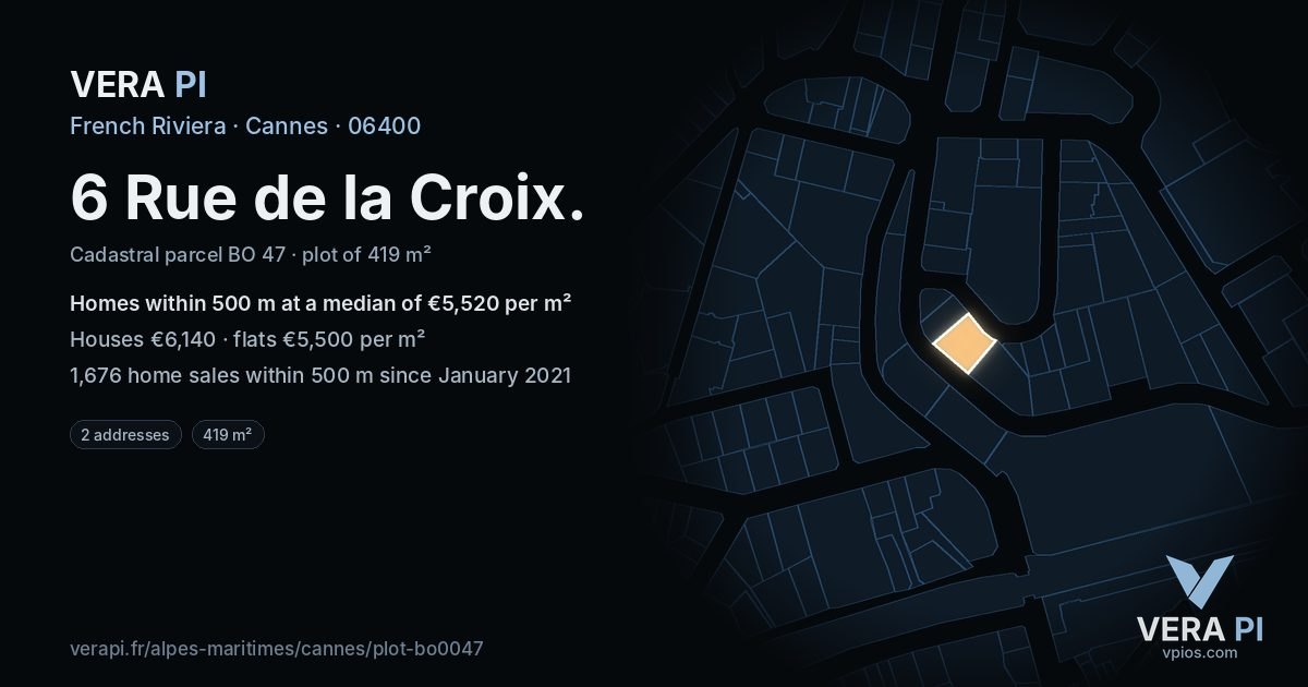 6 Rue de la Croix, Cannes at night – the plot lit, the parcels around coloured by the prices near them