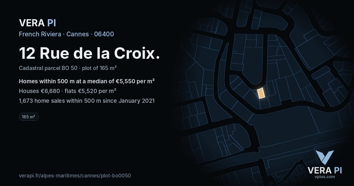 12 Rue de la Croix, Cannes at night – the plot lit, the parcels around coloured by the prices near them