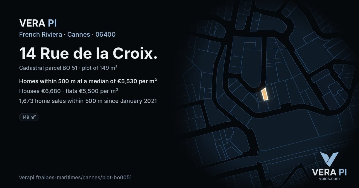14 Rue de la Croix, Cannes at night – the plot lit, the parcels around coloured by the prices near them