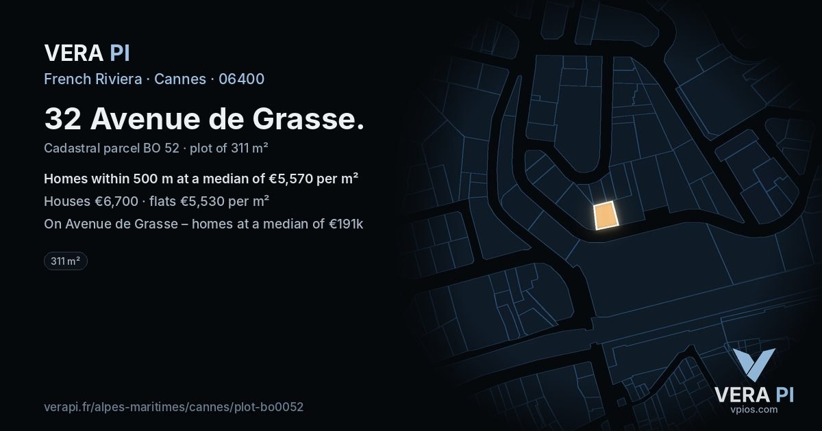 32 Avenue de Grasse, Cannes at night – the plot lit, the parcels around coloured by the prices near them