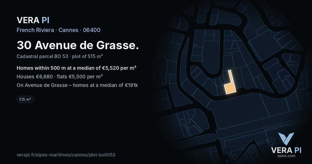 30 Avenue de Grasse, Cannes at night – the plot lit, the parcels around coloured by the prices near them