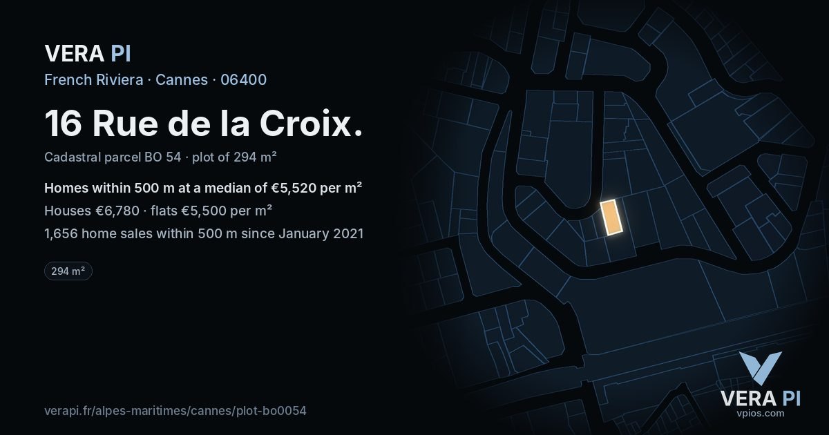 16 Rue de la Croix, Cannes at night – the plot lit, the parcels around coloured by the prices near them