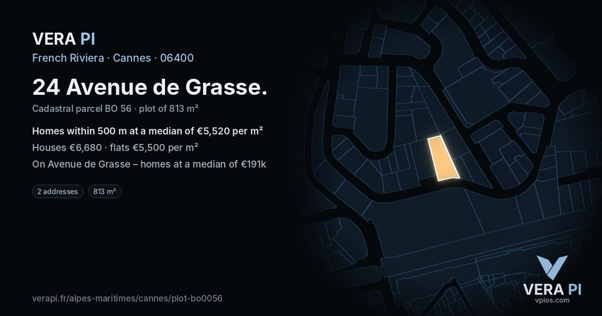24 Avenue de Grasse, Cannes at night – the plot lit, the parcels around coloured by the prices near them
