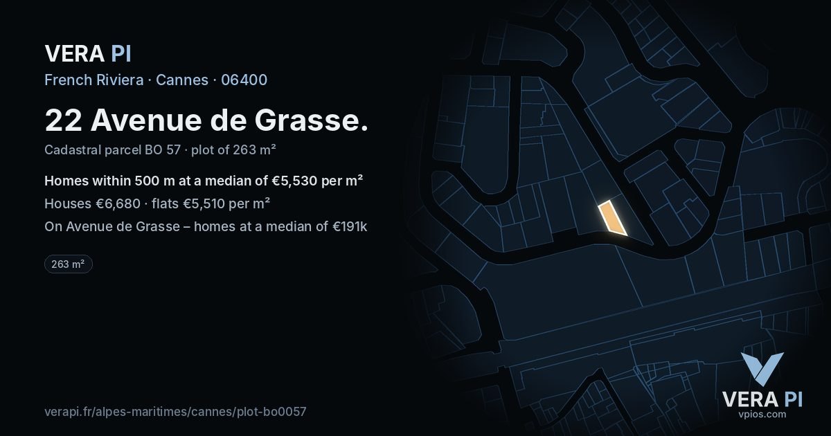 22 Avenue de Grasse, Cannes at night – the plot lit, the parcels around coloured by the prices near them