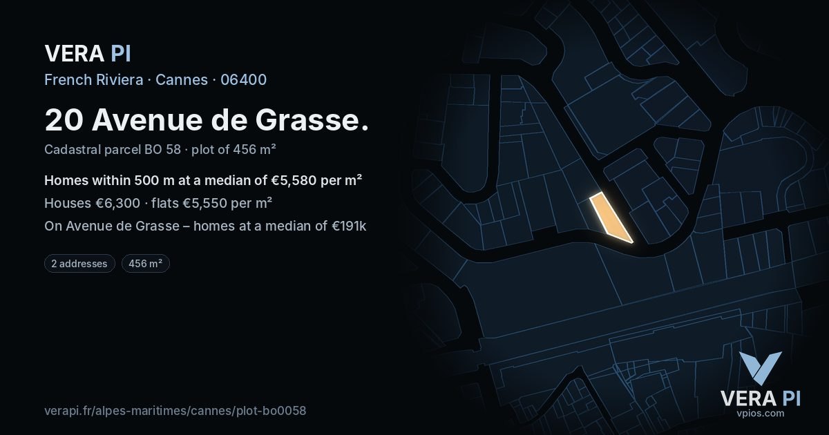 20 Avenue de Grasse, Cannes at night – the plot lit, the parcels around coloured by the prices near them