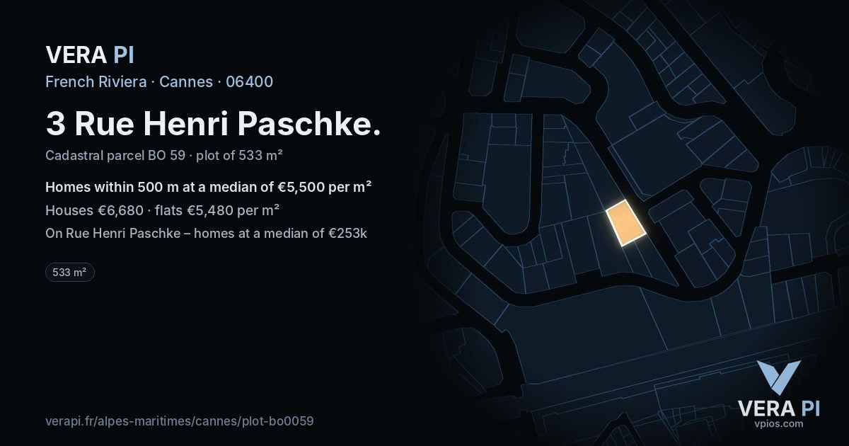 3 Rue Henri Paschke, Cannes at night – the plot lit, the parcels around coloured by the prices near them