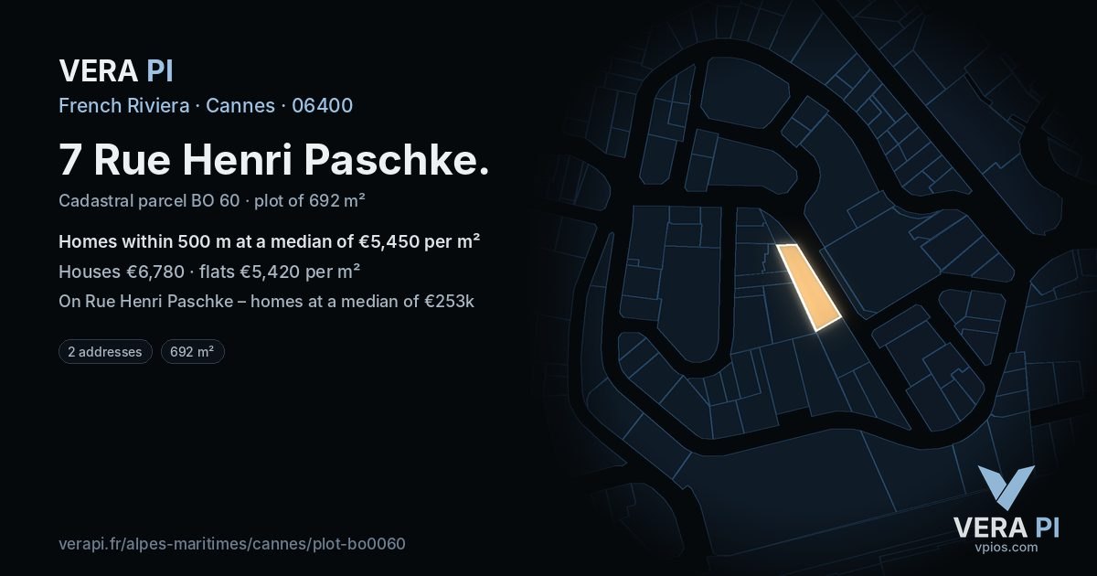7 Rue Henri Paschke, Cannes at night – the plot lit, the parcels around coloured by the prices near them