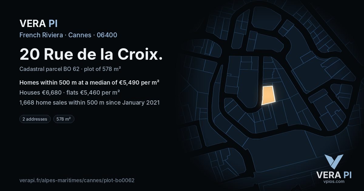 20 Rue de la Croix, Cannes at night – the plot lit, the parcels around coloured by the prices near them