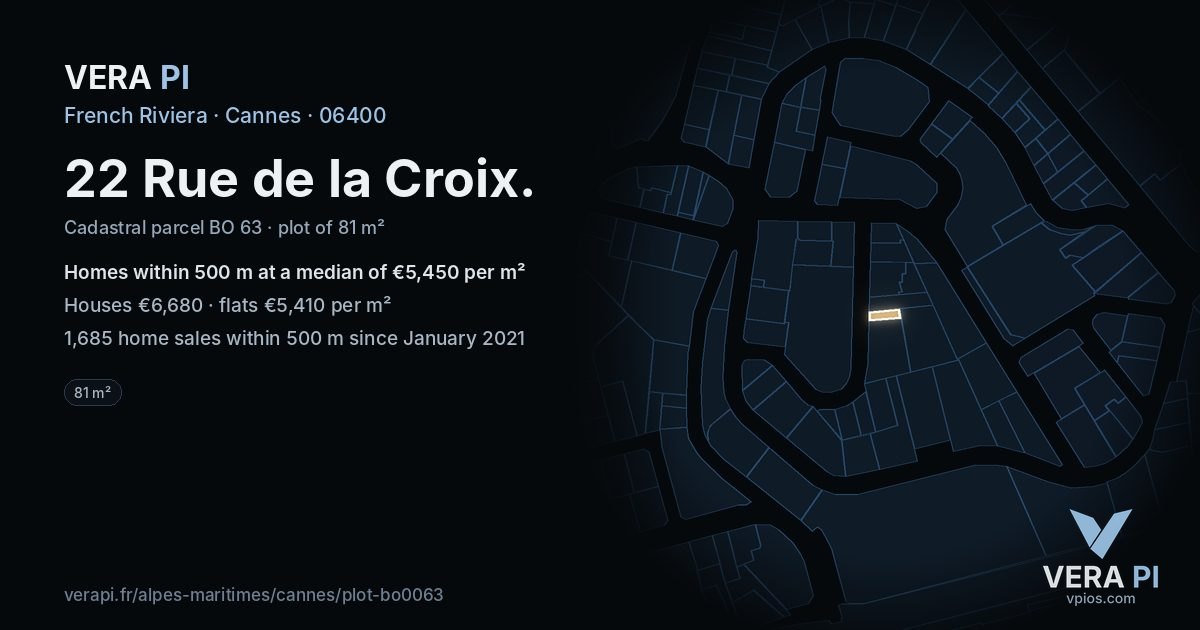 22 Rue de la Croix, Cannes at night – the plot lit, the parcels around coloured by the prices near them